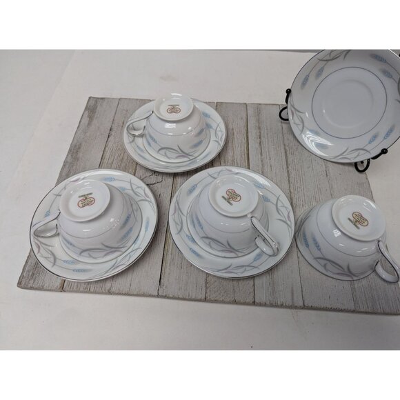 Vintage Valmont Royal Wheat Platinum Trim Set of 4 Saucers Teapcups - Picture 8 of 11